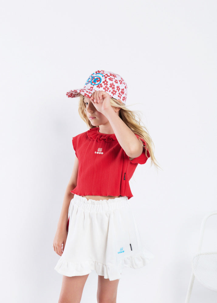 GROTTELLE - Red Crop Top Loose Fit Ruffle Neck