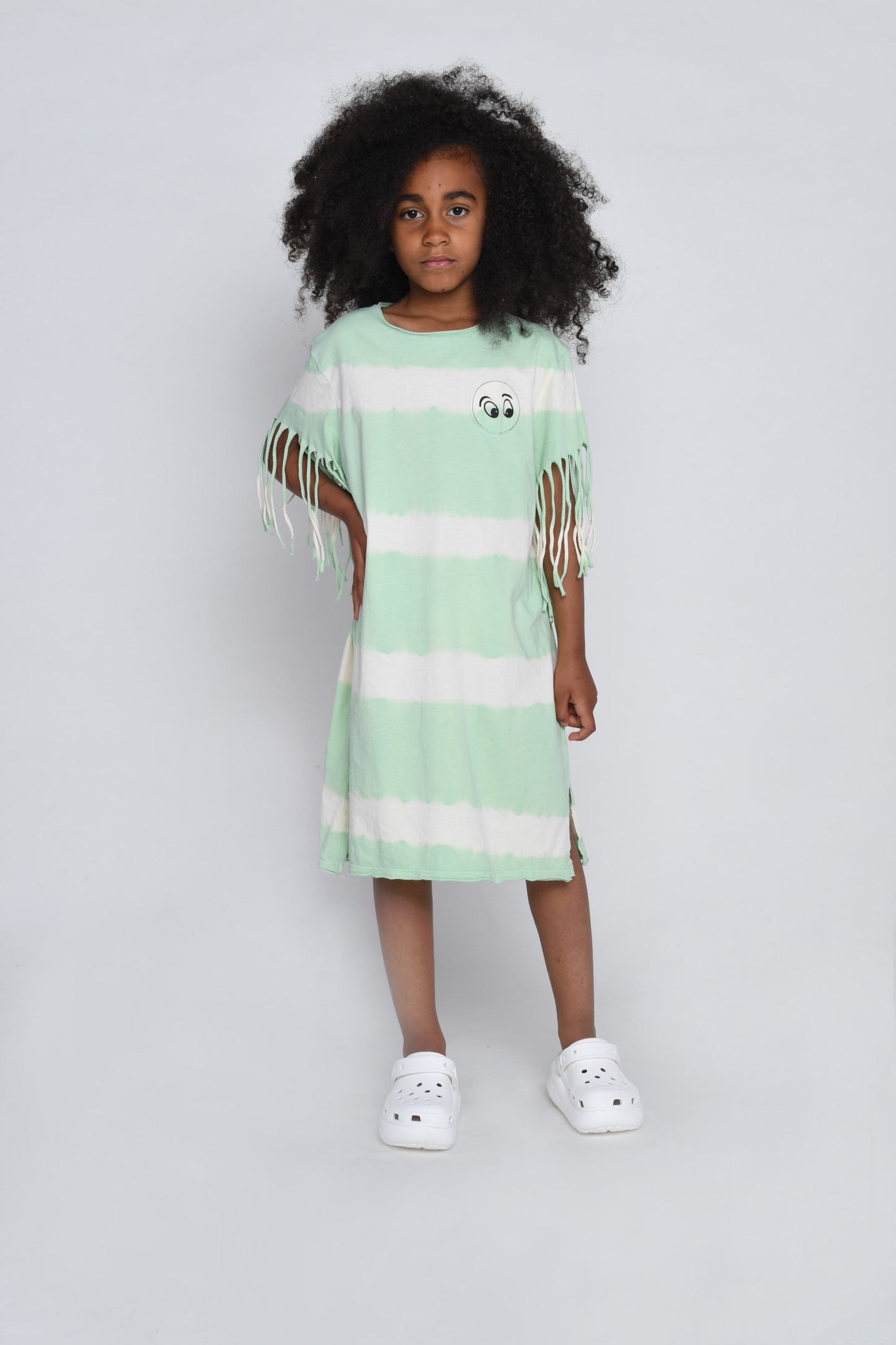 GIFT - Ecru / Pastel Green Tie Dye T-Shirt Dress Fringed
