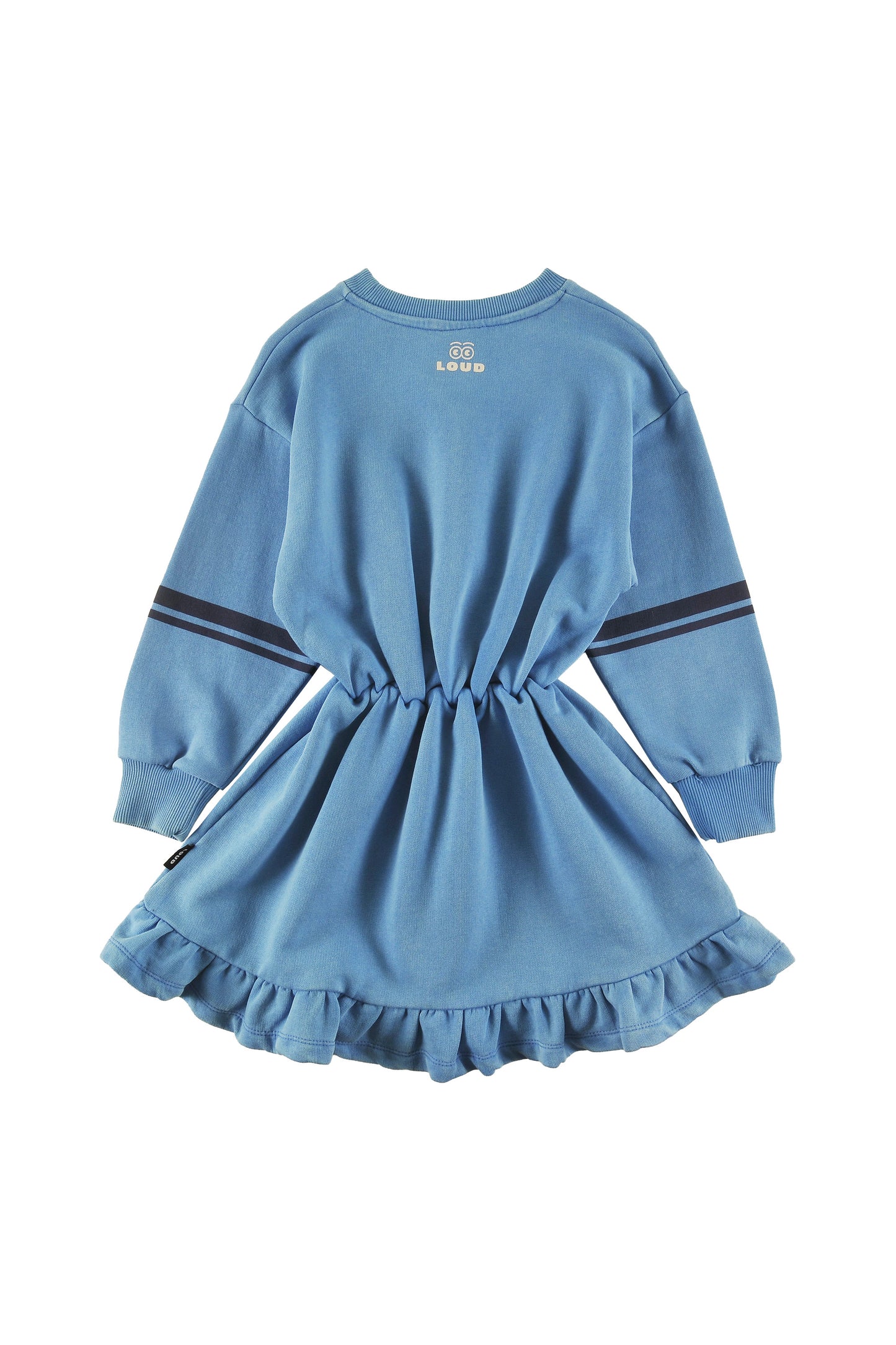 APRES - MALIBU BLUE DRESS elastic waist Ruffle bottom Contrast stripe sleeve, LOUD SKATE print