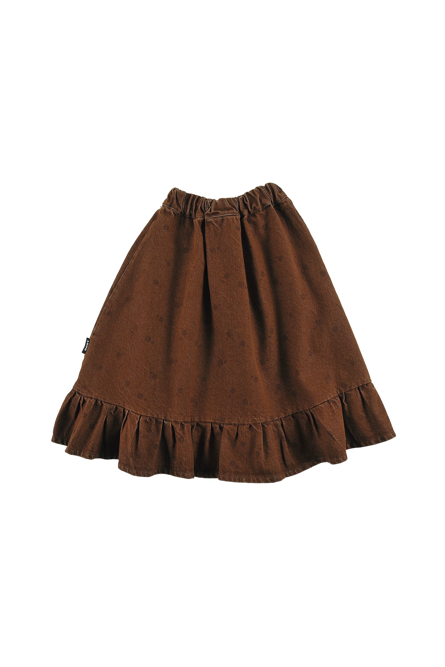 GLIDE - CHOCO POLKADOT SKIRT MIDI below knee, elasticated waist, circle LOUD eyes logo print