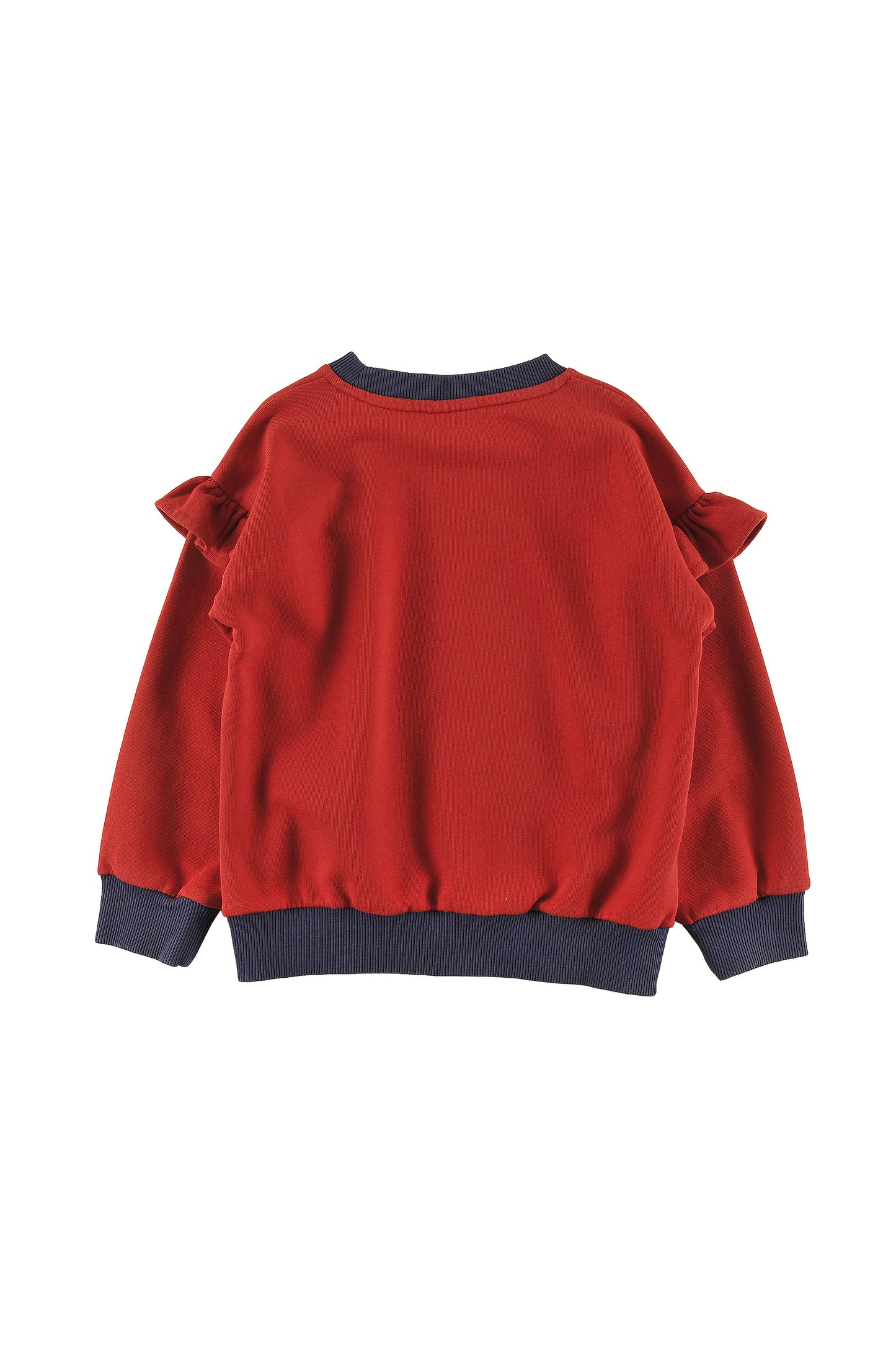 HOLIDAY - RED WASHED GIRL SWEATER relaxed fit, ruffle shoulder, MOUNTAIN embroidery patch