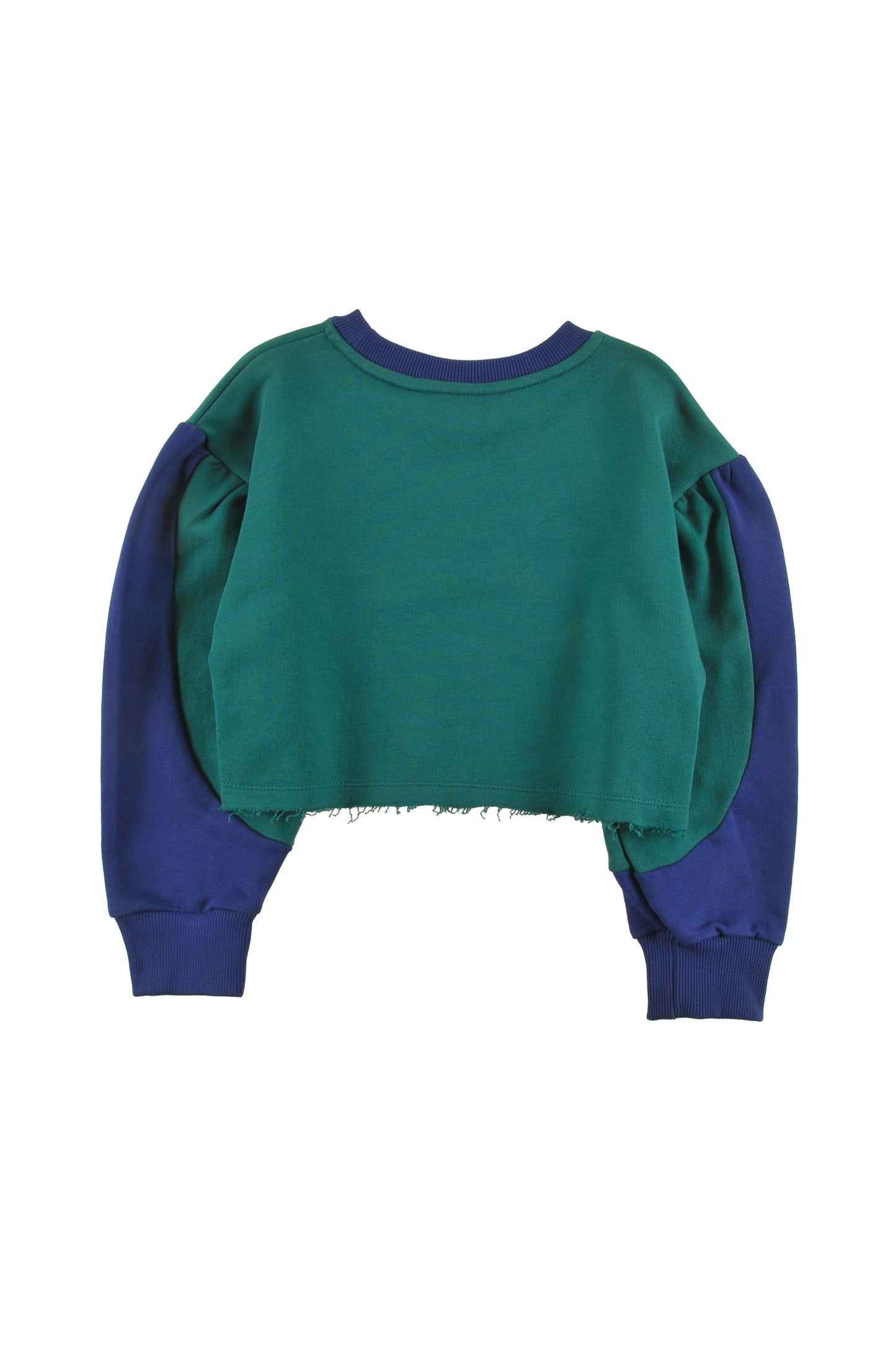 SPA - GREEN/NAVY SWEATER crop loose fit, sleeve colour block, LOUD eyes logo print contrast