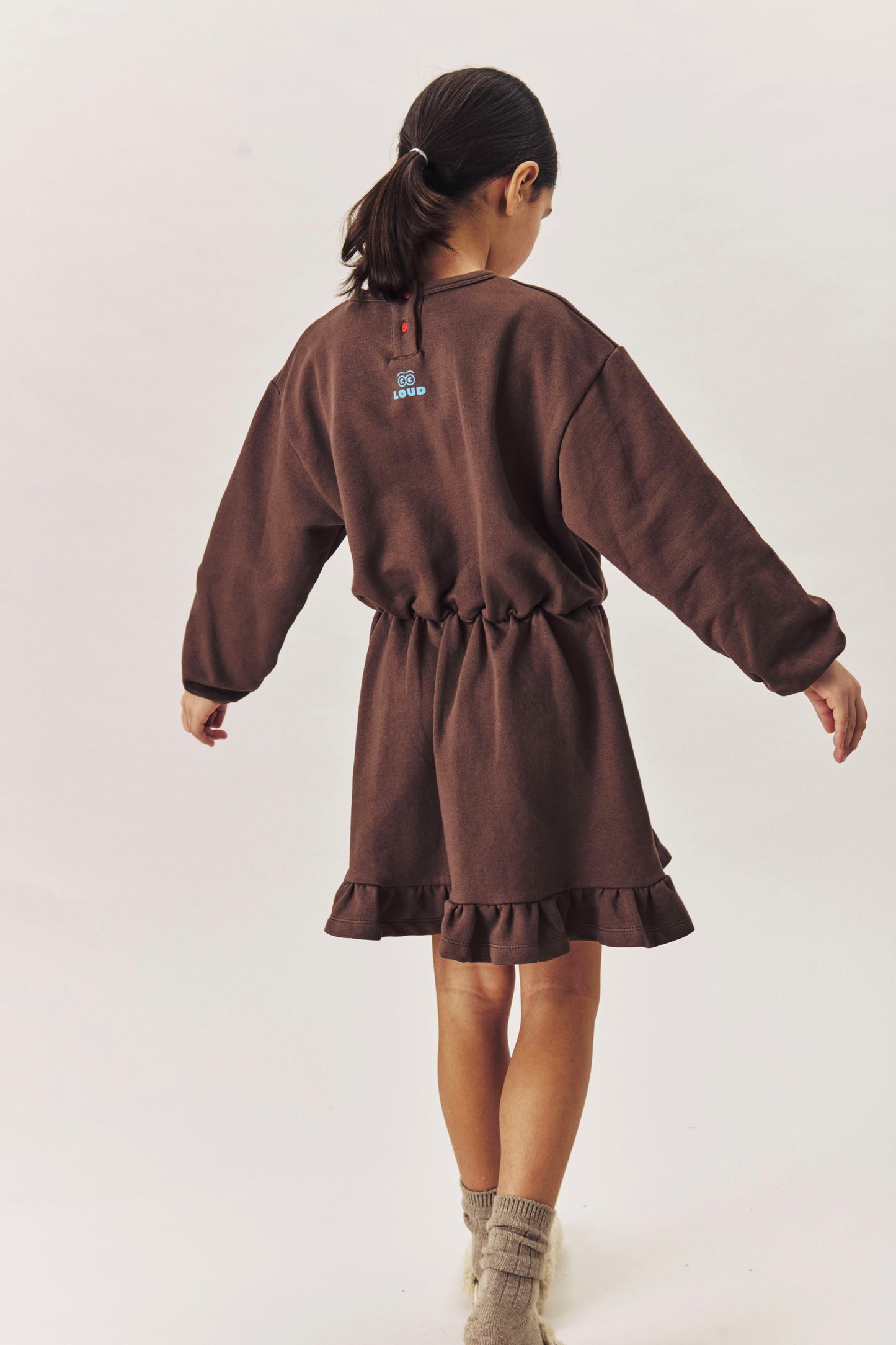 PISTE - FONDUE FUDGE DRESS elastic waist, 2 tone stripe cotton tape, MOUNTAIN print