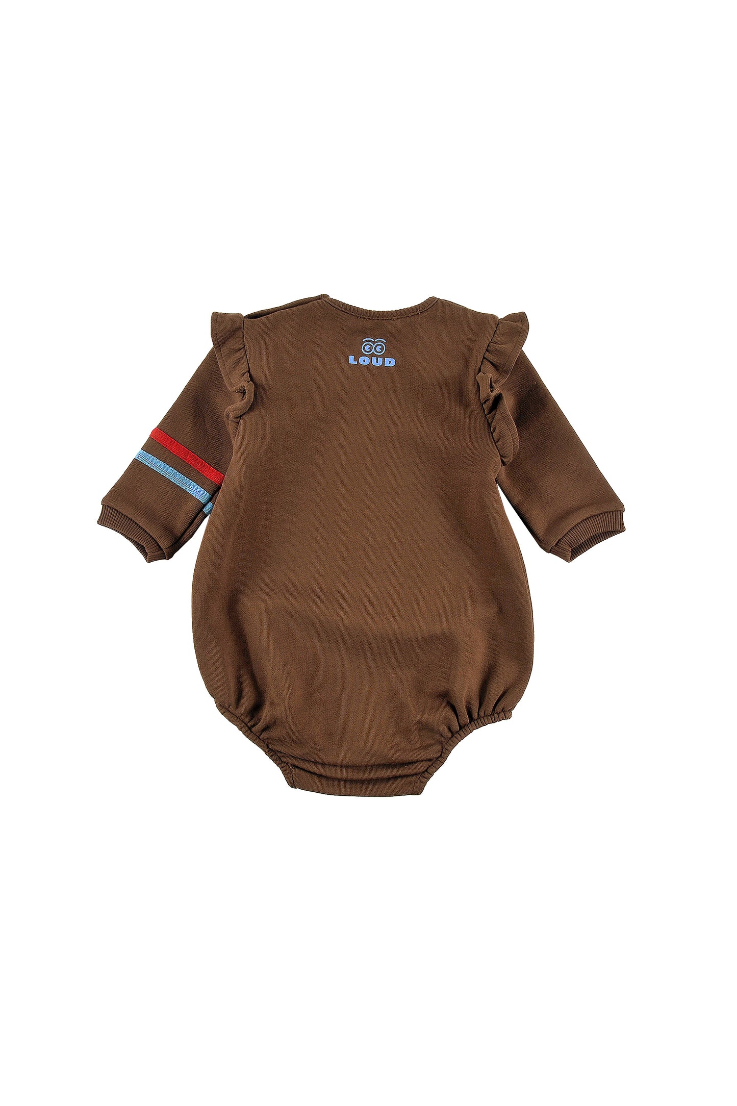 SNUG - FONDUE FUDGE Baby GIRL ROMPER relaxed fit, ruffle shoulder, MOUNTAIN print, 2 tone stripe cotton tape