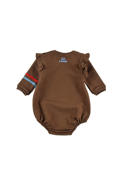 SNUG - FONDUE FUDGE Baby GIRL ROMPER relaxed fit, ruffle shoulder, MOUNTAIN print, 2 tone stripe cotton tape