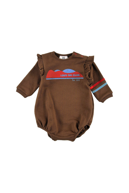 SNUG - FONDUE FUDGE Baby GIRL ROMPER relaxed fit, ruffle shoulder, MOUNTAIN print, 2 tone stripe cotton tape