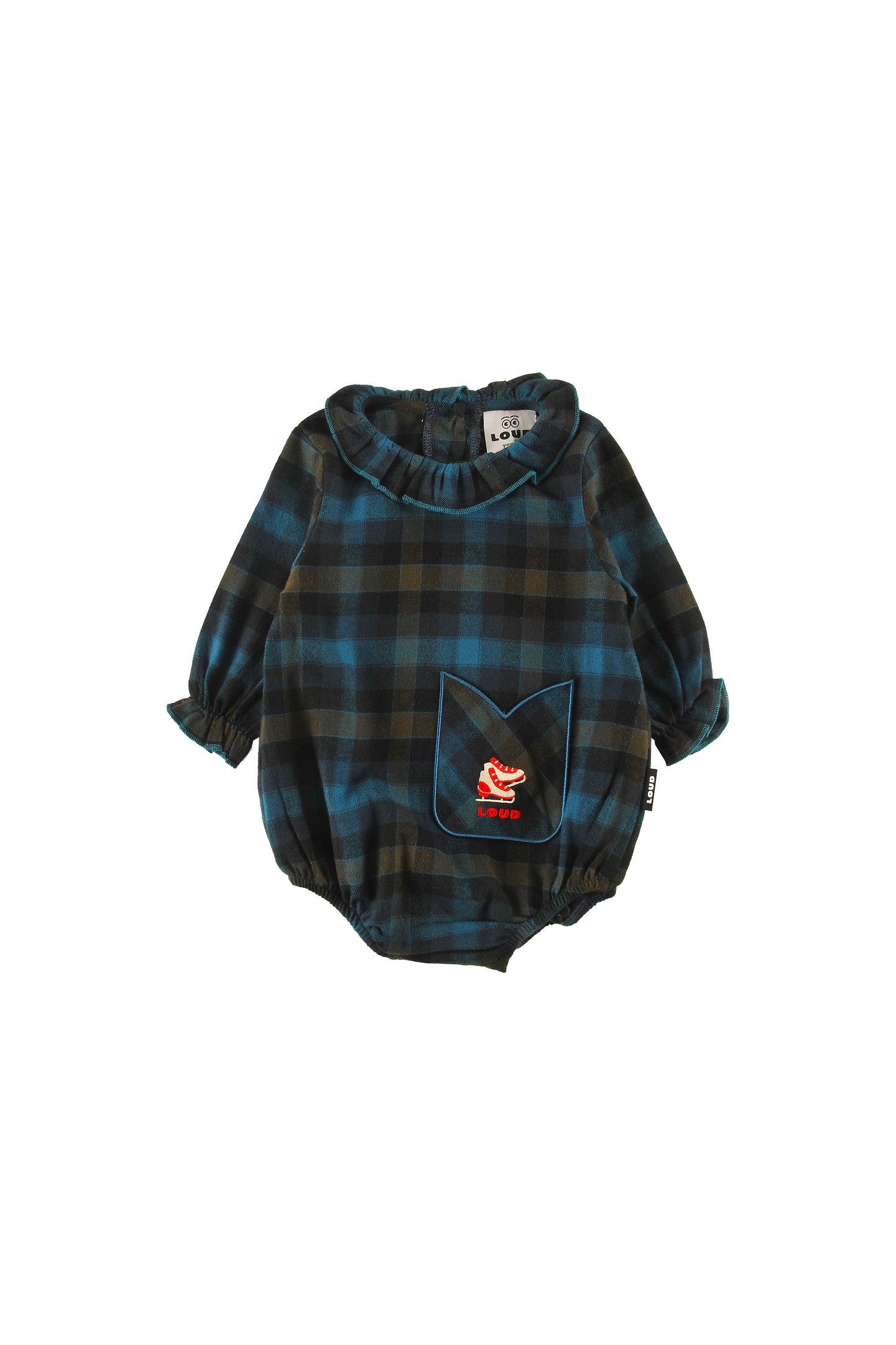 WIND - CHECK Baby Girl ROMPER relaxed fit, tulip pocket, Ice Skate embroidery motif
