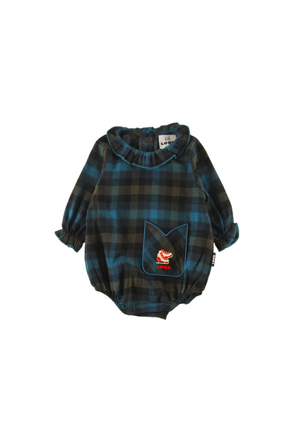 WIND - CHECK Baby Girl ROMPER relaxed fit, tulip pocket, Ice Skate embroidery motif