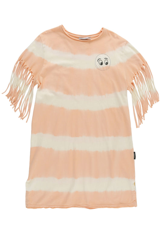 GIFT - Ecru / Peach Tie Dye T-Shirt Dress Fringed