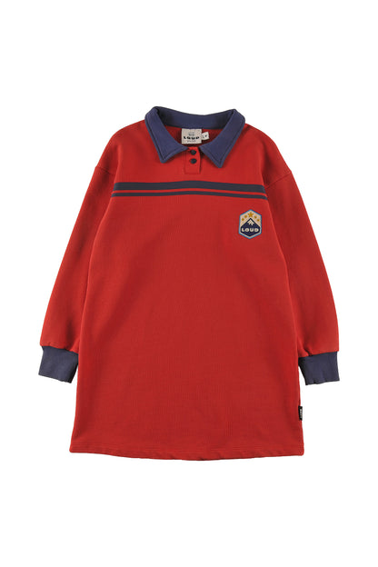 CLUB - RED WASHED POLO DRESS straight loose fit MOUNTAIN motif embroidery patch