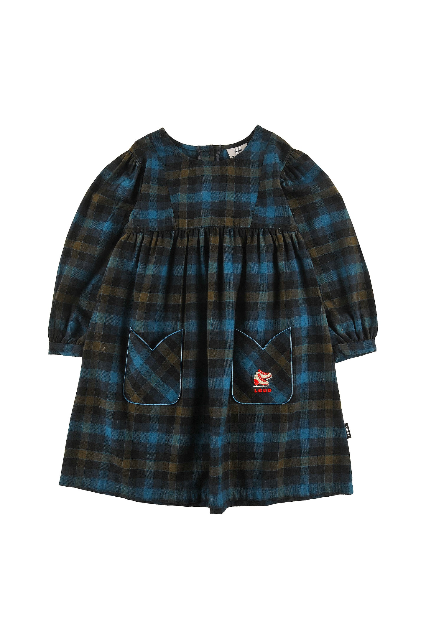 HUT - CHECK DRESS puff sleeve tulip pockets, Ice Skate embroidery logo