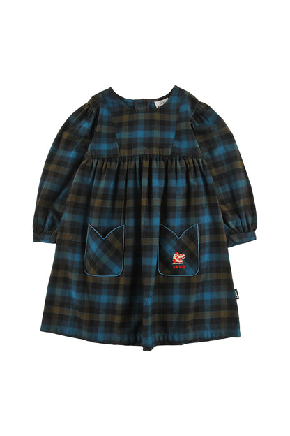 HUT - CHECK DRESS puff sleeve tulip pockets, Ice Skate embroidery logo