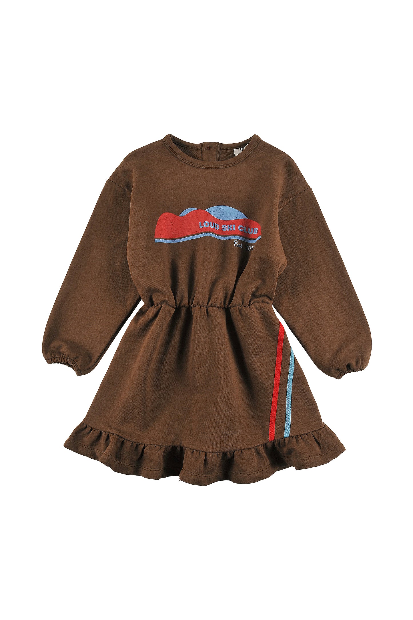 PISTE - FONDUE FUDGE DRESS elastic waist, 2 tone stripe cotton tape, MOUNTAIN print