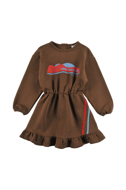 PISTE - FONDUE FUDGE DRESS elastic waist, 2 tone stripe cotton tape, MOUNTAIN print