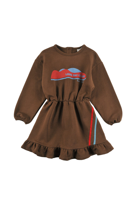 PISTE - FONDUE FUDGE DRESS elastic waist, 2 tone stripe cotton tape, MOUNTAIN print