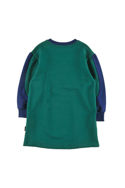 REFUGE - GREEN/NAVY DRESS loose fit, puff sleeve colour block, LOUD eyes logo print contrast