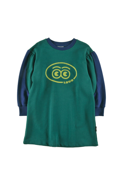 REFUGE - GREEN/NAVY DRESS loose fit, puff sleeve colour block, LOUD eyes logo print contrast