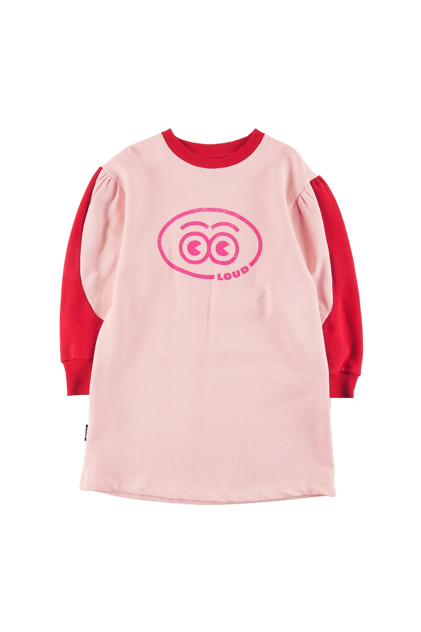 REFUGE - ORCHID PINK/RED DRESS loose fit, puff sleeve colour block, LOUD eyes logo print contrast