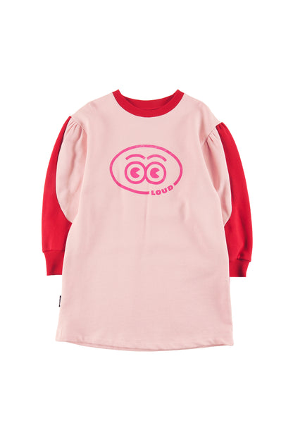 REFUGE - ORCHID PINK/RED DRESS loose fit, puff sleeve colour block, LOUD eyes logo print contrast
