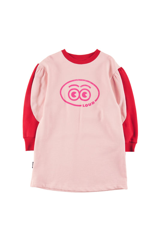 REFUGE - ORCHID PINK/RED DRESS loose fit, puff sleeve colour block, LOUD eyes logo print contrast