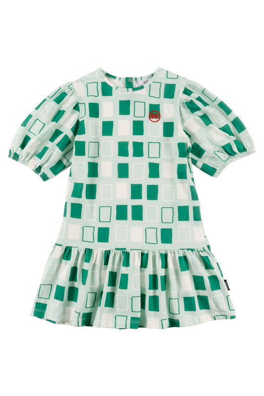 FLAVOR - Abstract Check AOP Dress Loose Fit 3/4 Sleeve Ruffle Hem