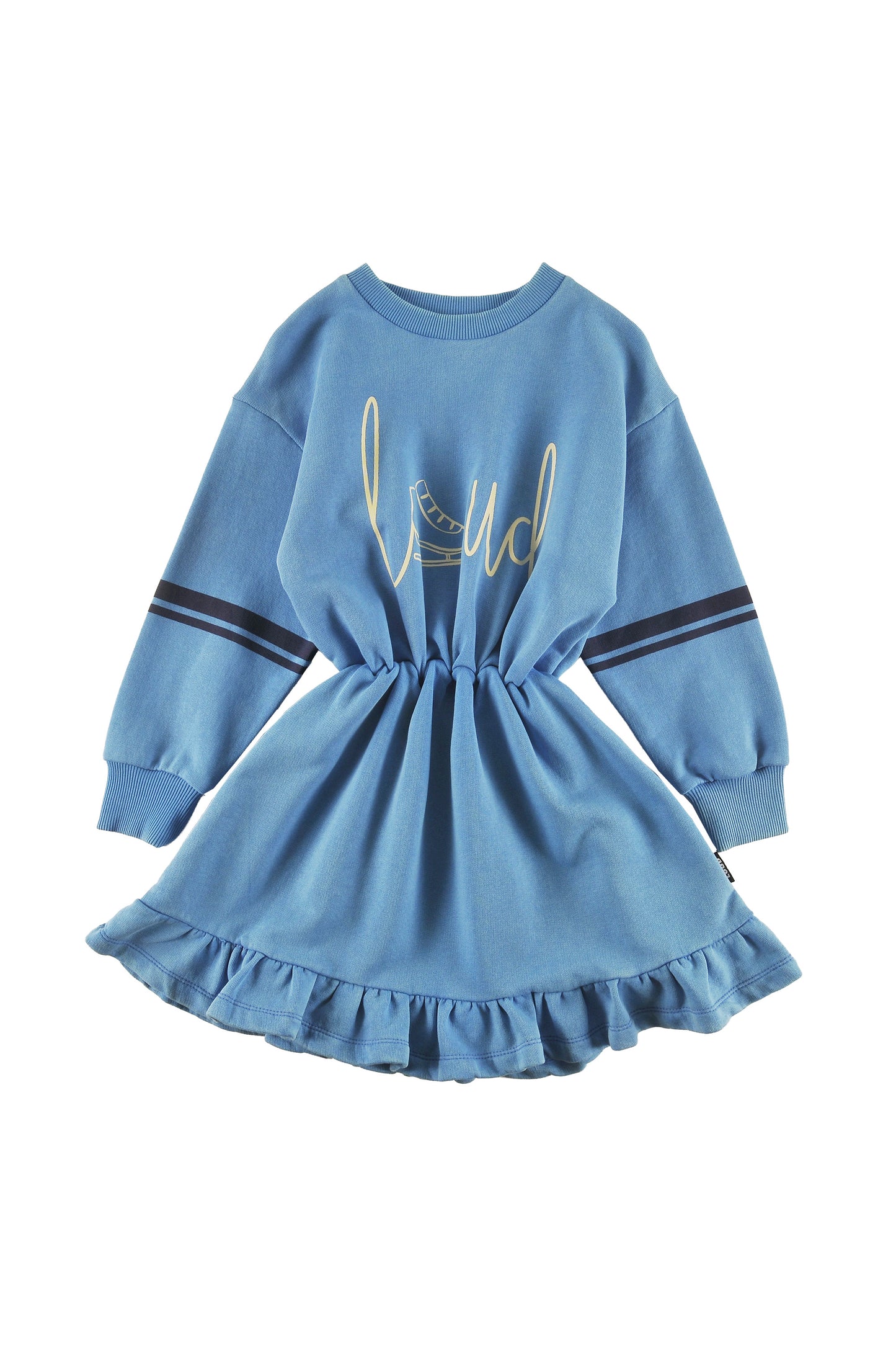 APRES -  MALIBU BLUE DRESS elastic waist Ruffle bottom Contrast stripe sleeve, LOUD SKATE print