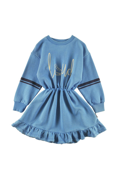 APRES -  MALIBU BLUE DRESS elastic waist Ruffle bottom Contrast stripe sleeve, LOUD SKATE print