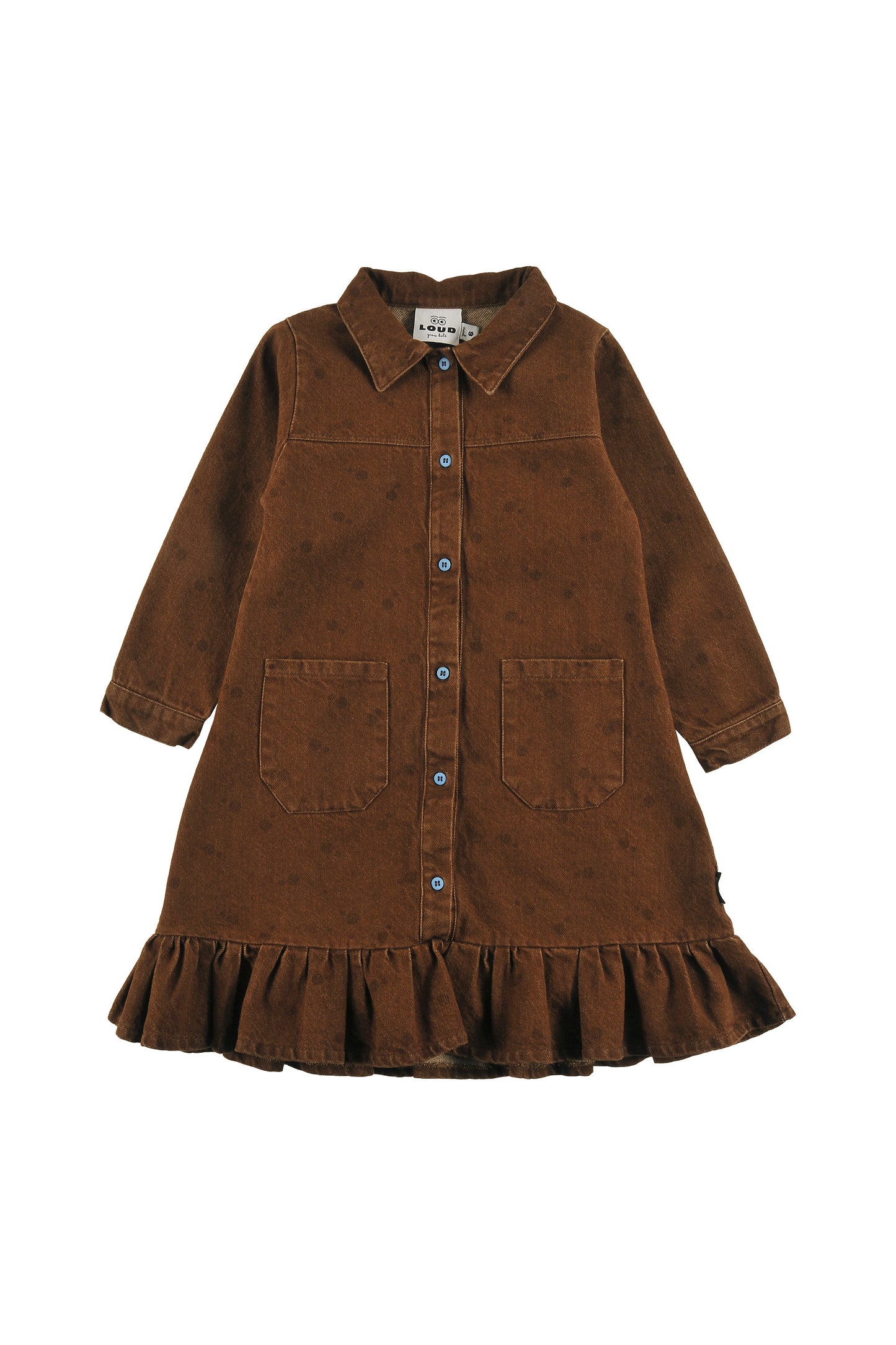 SPEED - CHOCO POLKADOT DRESS loose fit, buttoned front, circle LOUD eyes logo print
