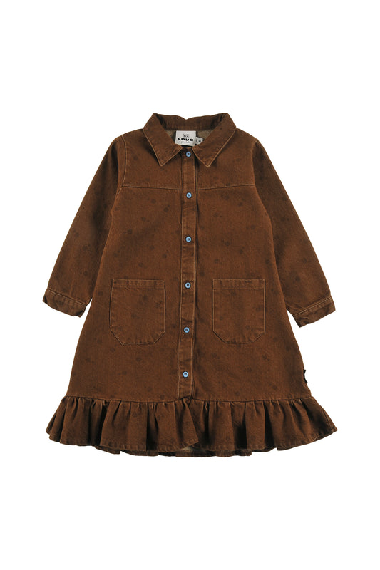 SPEED - CHOCO POLKADOT DRESS loose fit, buttoned front, circle LOUD eyes logo print