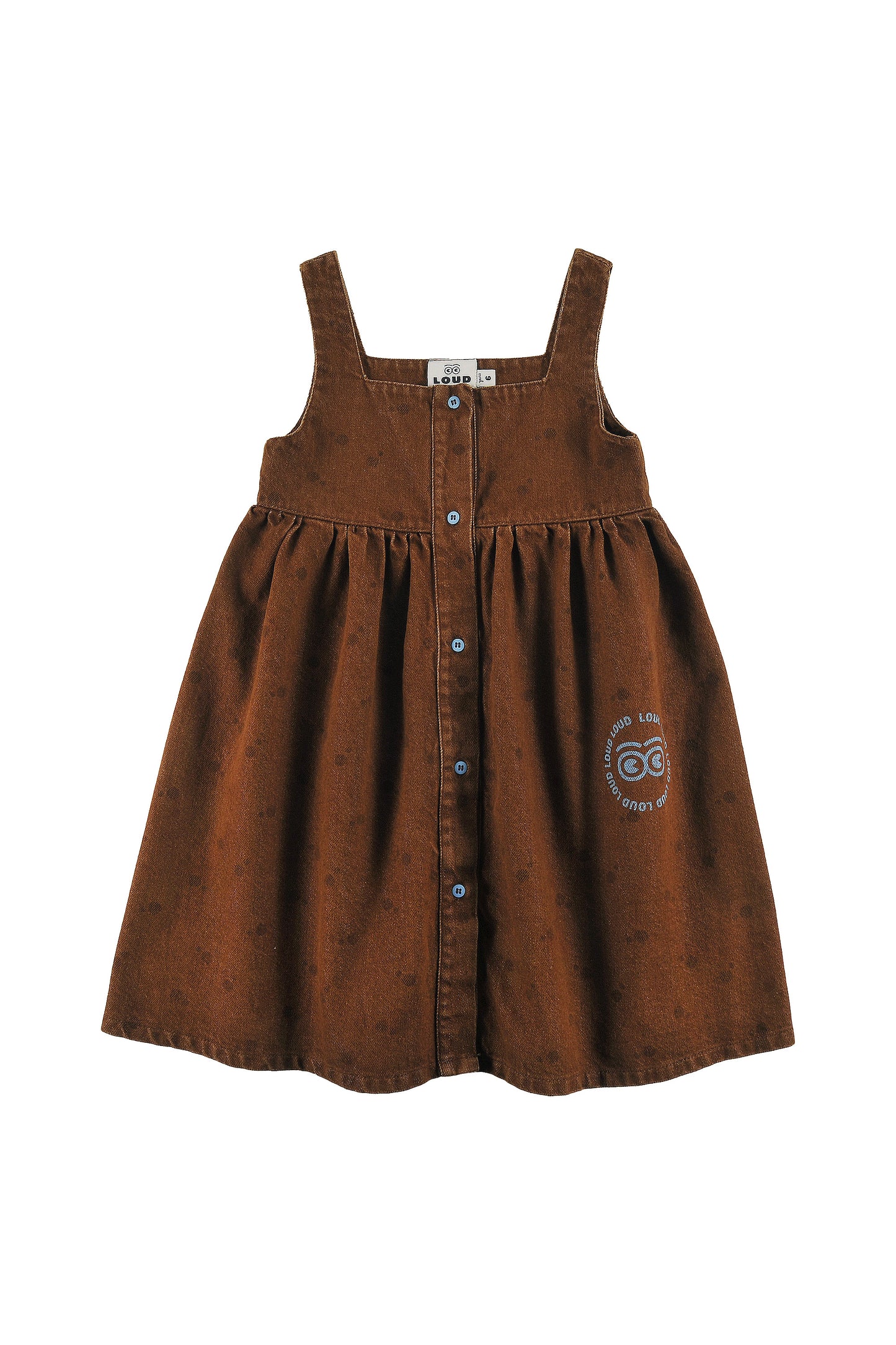 FAST - CHOCO POLKADOT DRESS Straps relaxed fit, buttoned front, circle LOUD eyes logo print