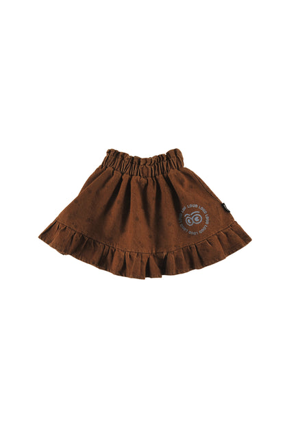ALPINE - CHOCO POLKADOT MINI SKIRT ruffle bottom, elasticated waist, circle LOUD eyes logo print
