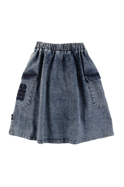 AMICI - Mid Blue Stoned Washed Denim Skirt Midi Pockets