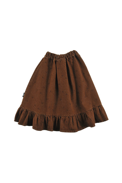 GLIDE - CHOCO POLKADOT SKIRT MIDI below knee, elasticated waist, circle LOUD eyes logo print
