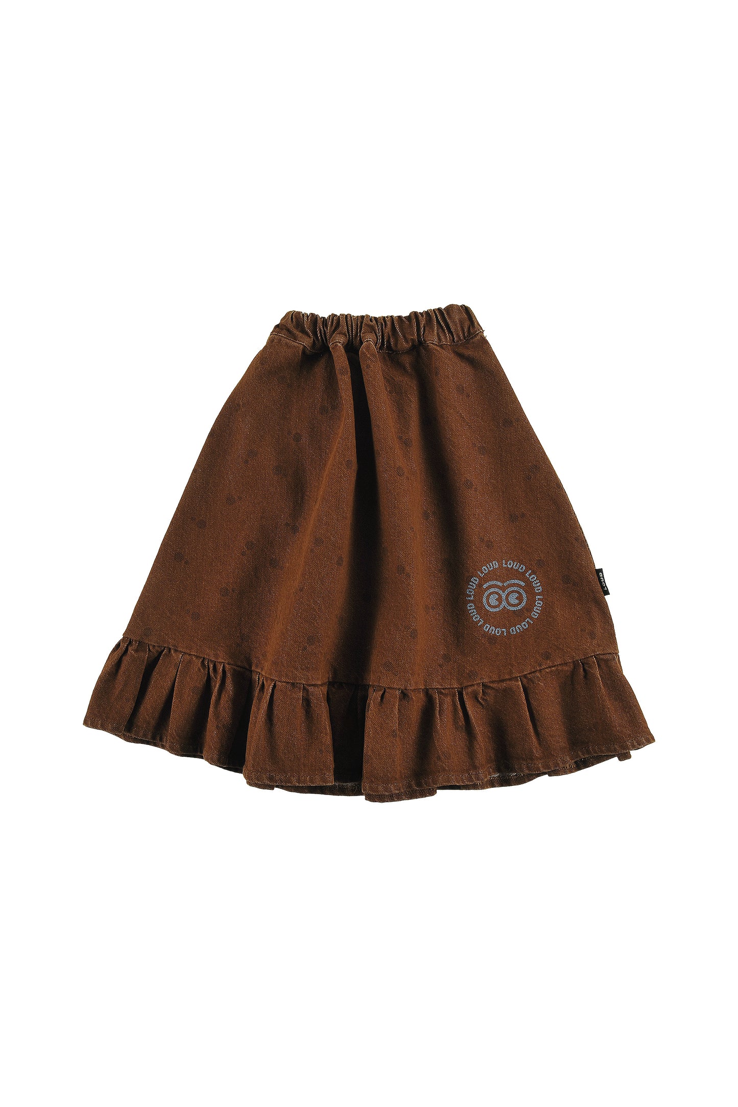 GLIDE - CHOCO POLKADOT SKIRT MIDI below knee, elasticated waist, circle LOUD eyes logo print