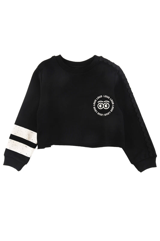 FUN - Black Sweater Cropped Stripe Sleeve & Ric Rac