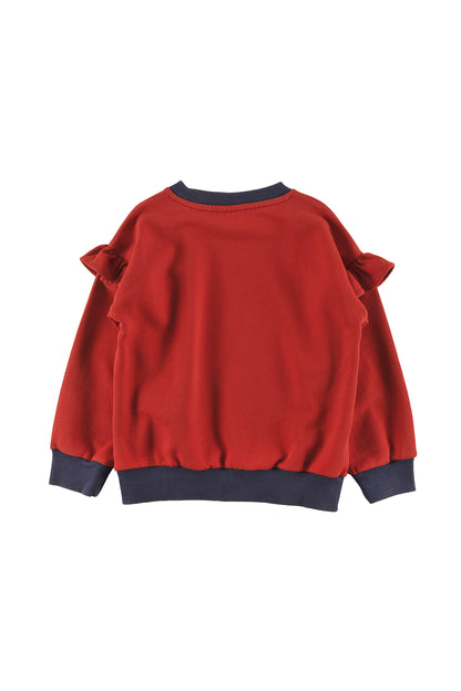 HOLIDAY - RED WASHED GIRL SWEATER relaxed fit, ruffle shoulder, MOUNTAIN embroidery patch