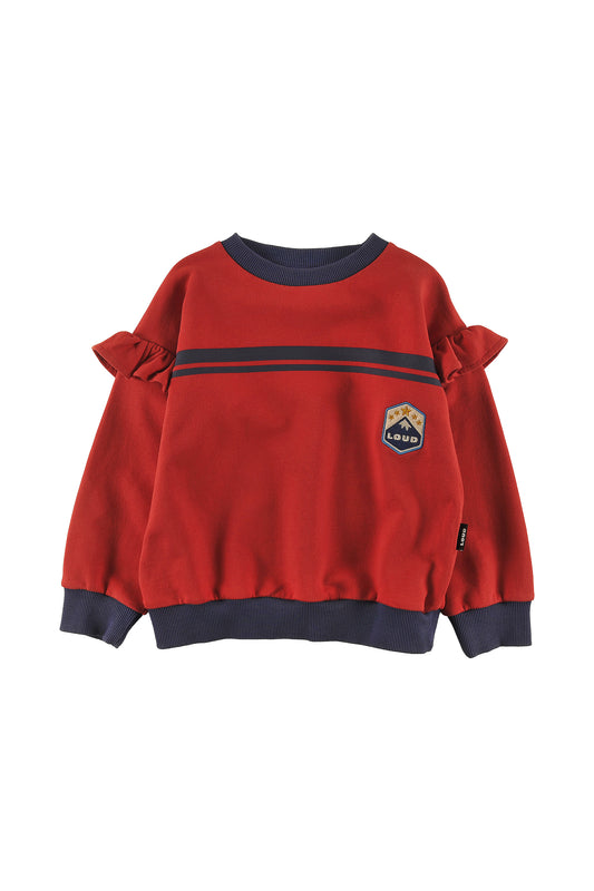 HOLIDAY - RED WASHED GIRL SWEATER relaxed fit, ruffle shoulder, MOUNTAIN embroidery patch