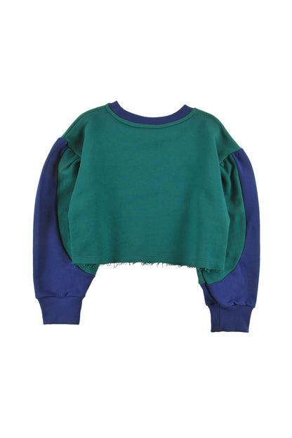 SPA - GREEN/NAVY SWEATER crop loose fit, sleeve colour block, LOUD eyes logo print contrast