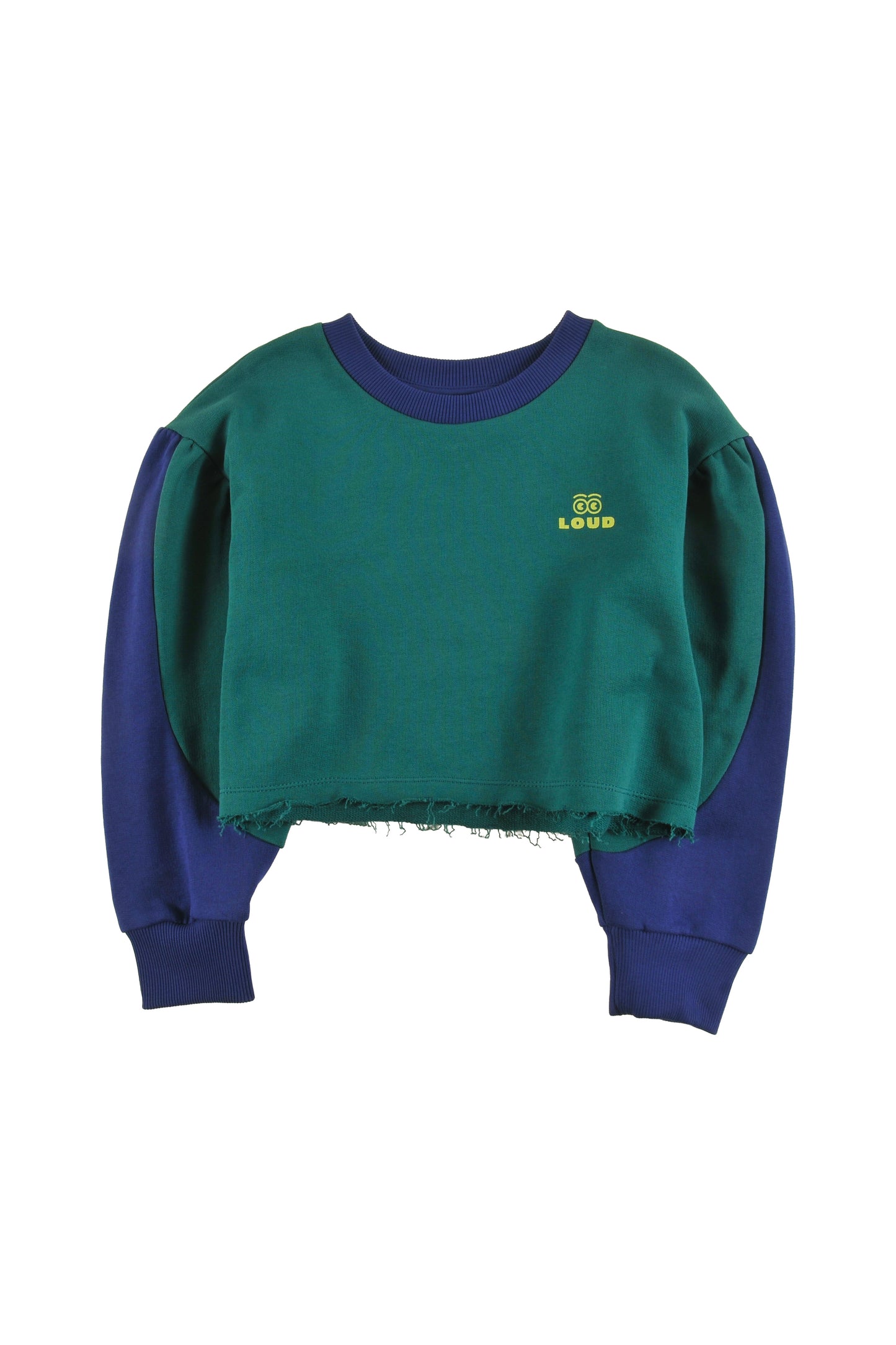 SPA - GREEN/NAVY SWEATER crop loose fit, sleeve colour block, LOUD eyes logo print contrast