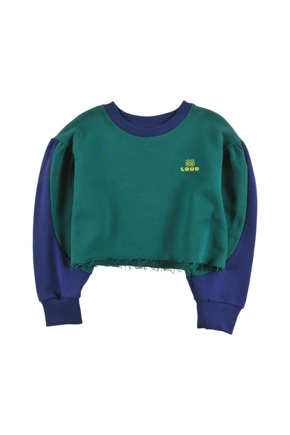 SPA - GREEN/NAVY SWEATER crop loose fit, sleeve colour block, LOUD eyes logo print contrast