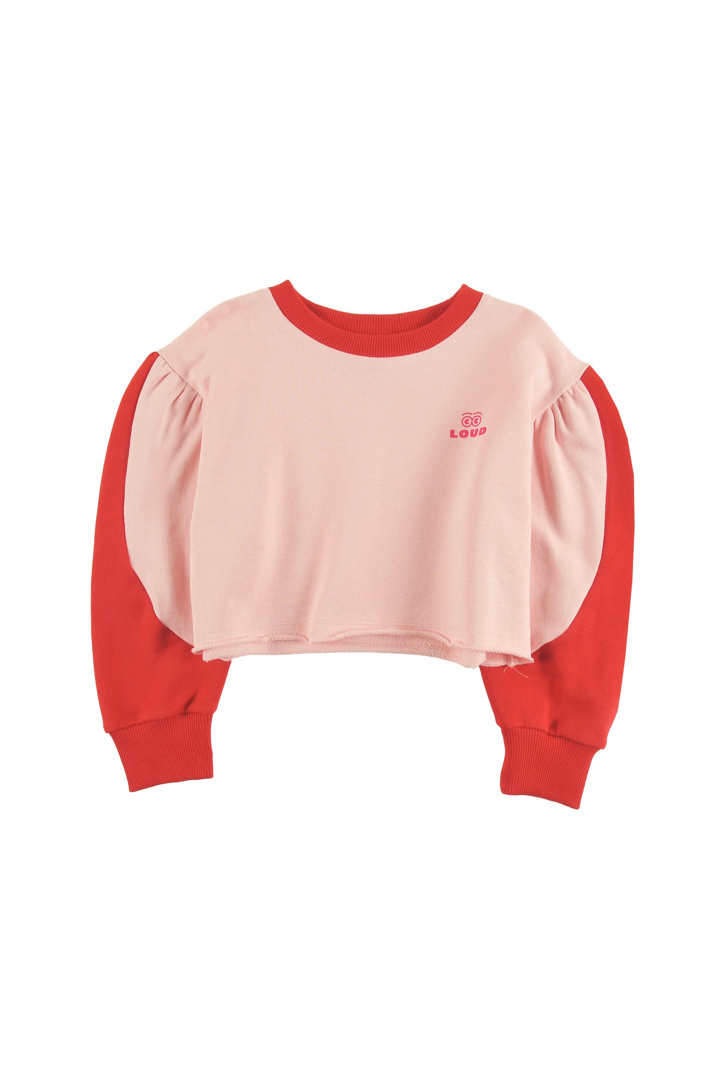 SPA - ORCHID PINK/RED SWEATER crop loose fit, sleeve colour block, LOUD eyes logo print contrast