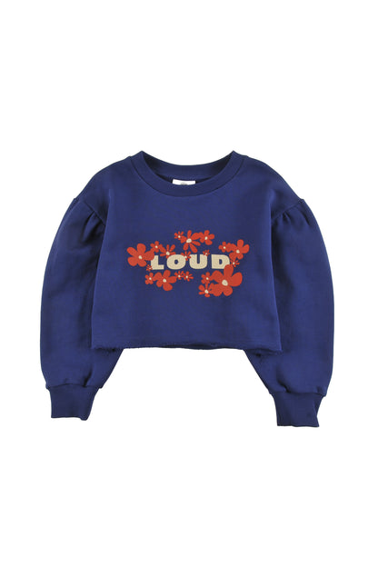 NATURE - BLUE NAVY CROP SWEATER loose fit drop shoulder FLOWER print LOUD
