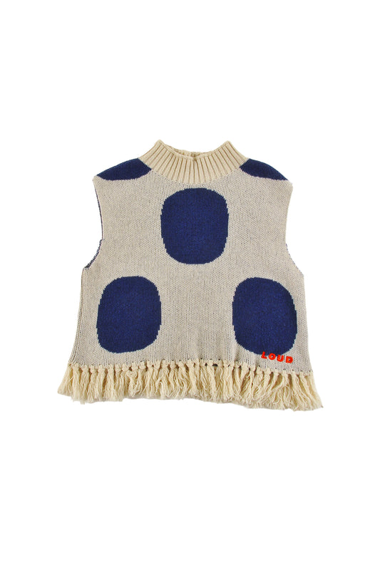 KLOSTERS - POLKADOTS JAQUARD TOP sleeveless, relaxed fit, bottom fringes