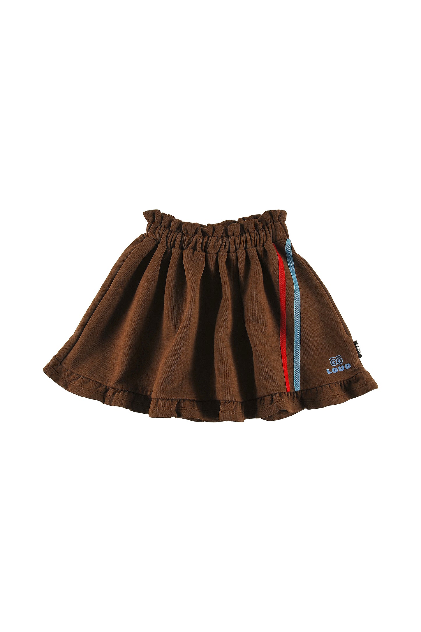 PASS - FONDUE FUDGE MINI SKIRT elasticated waist, ruffle bottom contrast, 2 tone stripe cotton tape