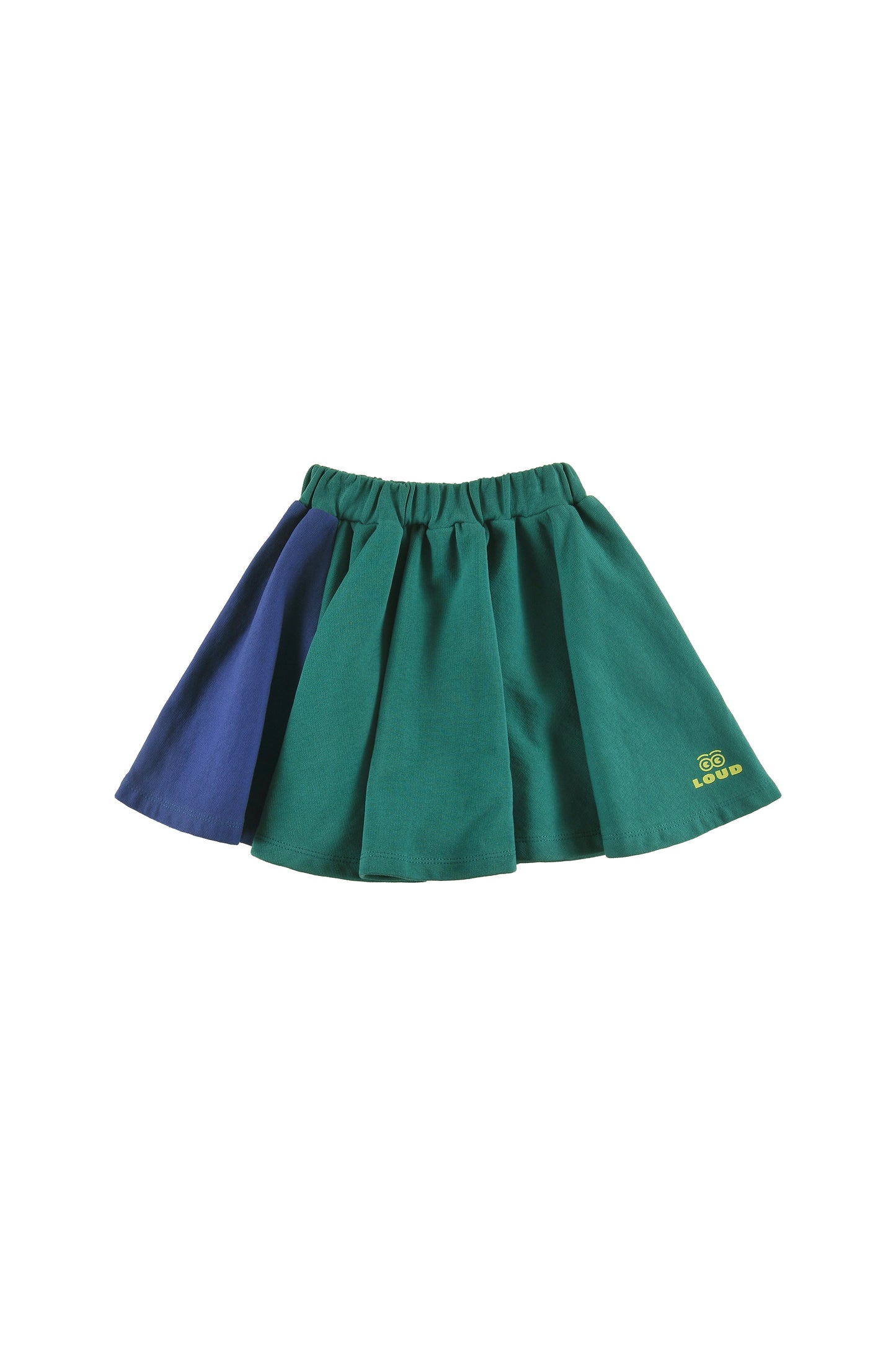 RELAX - GREEN/NAVY MINI SKIRT, elasticated waist, colour block, LOUD eyes logo print contrast
