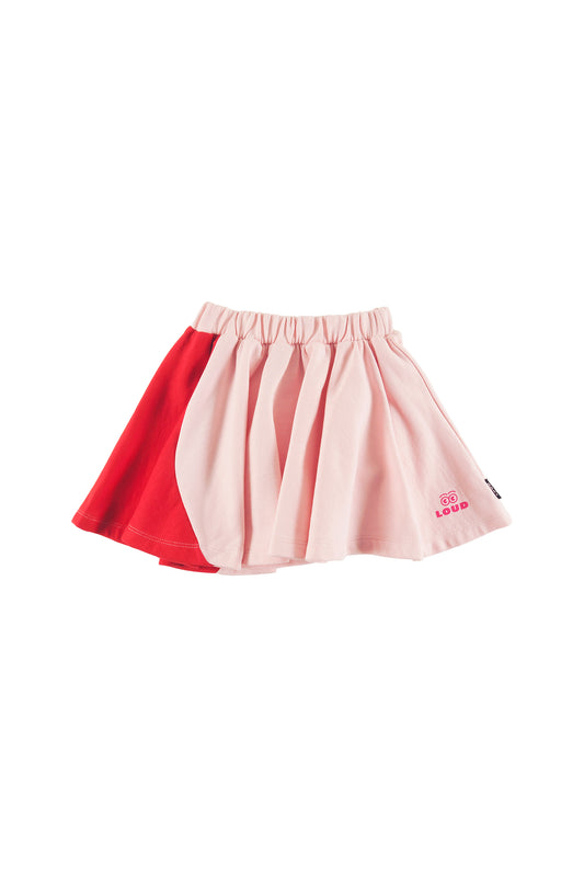 RELAX - ORCHID PINK/RED MINI SKIRT, elasticated waist, colour block, LOUD eyes logo print contrast