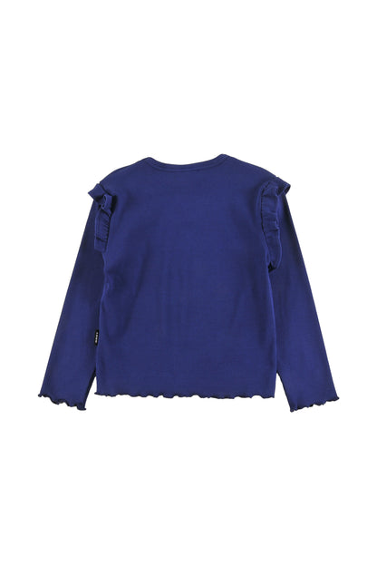 SHINE - BLUE NAVY Girl T-SHIRT slim fit ruffle shoulder LOUD eyes logo print contrast