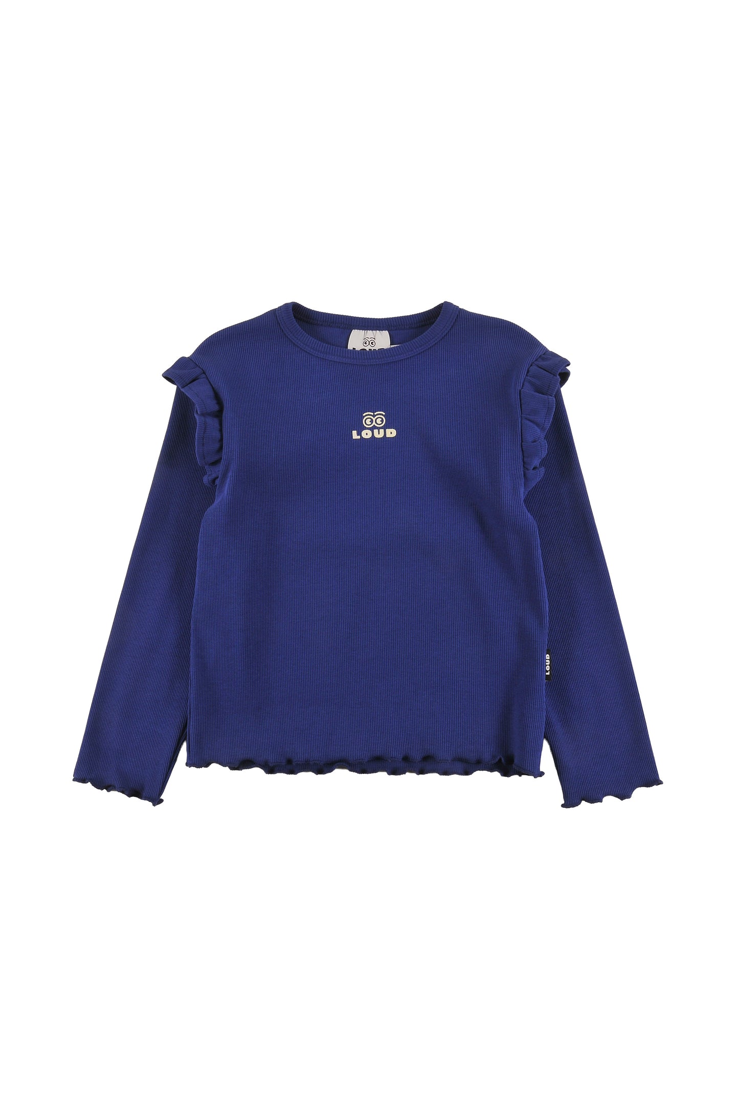 SHINE - BLUE NAVY Girl T-SHIRT slim fit ruffle shoulder LOUD eyes logo print contrast