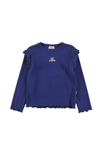 SHINE - BLUE NAVY Girl T-SHIRT slim fit ruffle shoulder LOUD eyes logo print contrast
