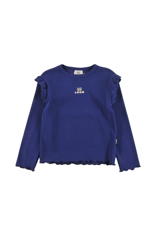 SHINE - BLUE NAVY Girl T-SHIRT slim fit ruffle shoulder LOUD eyes logo print contrast